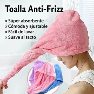 imágen de beneficios toalla anti frizz para cabello en microfibra
